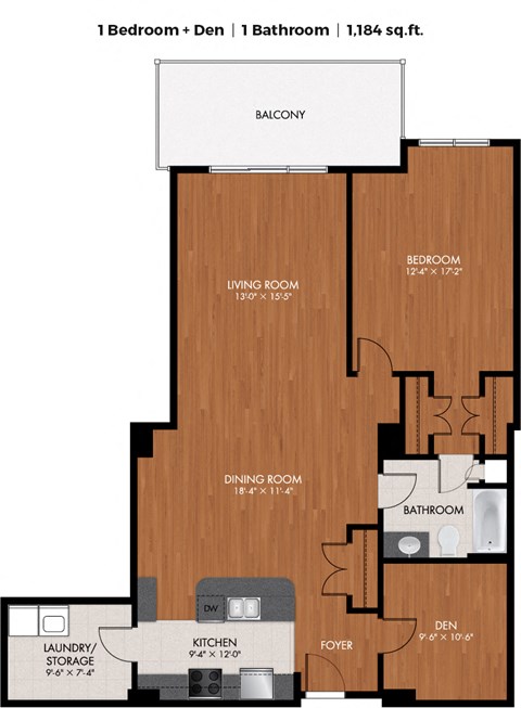 Floor plan for 1 bed, 1 bath, 1184 sqft